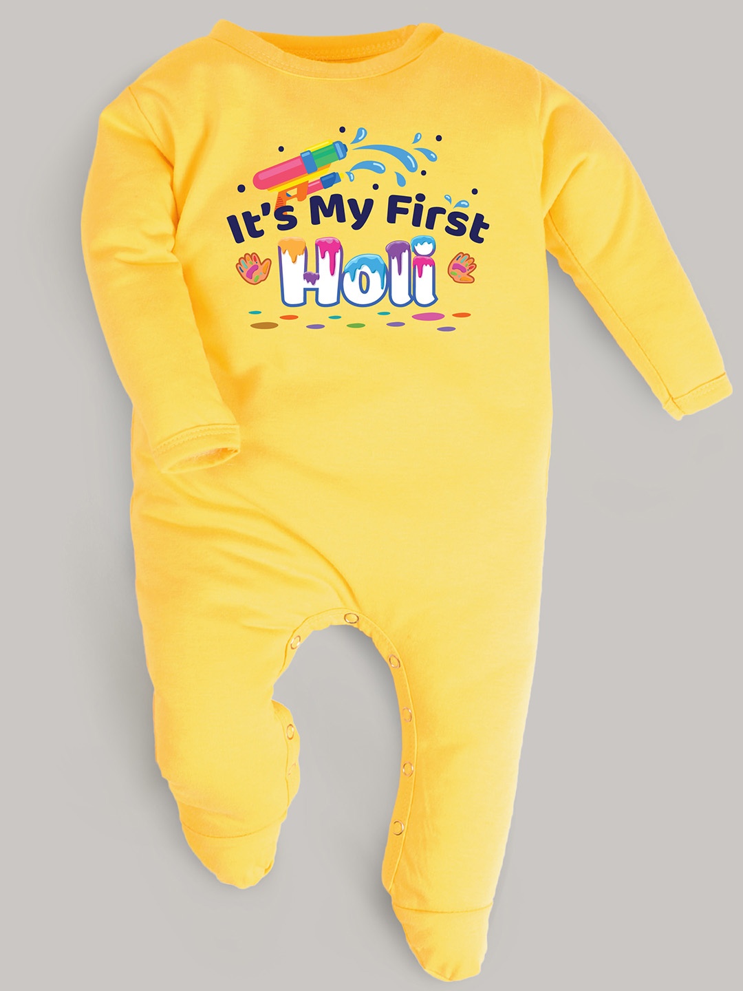 

FFLIRTYGO Kids Holi Printed Long Sleeves Cotton Sleepsuit, Yellow