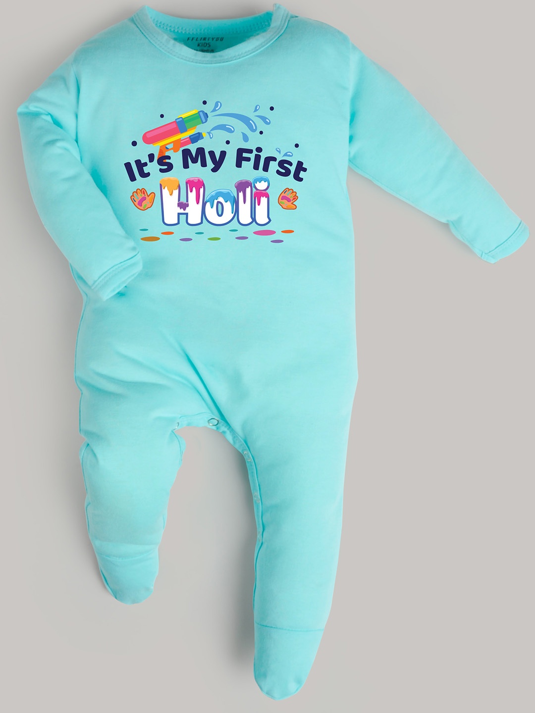 

FFLIRTYGO Infants Holi Special Printed Cotton Sleepsuit, Turquoise blue