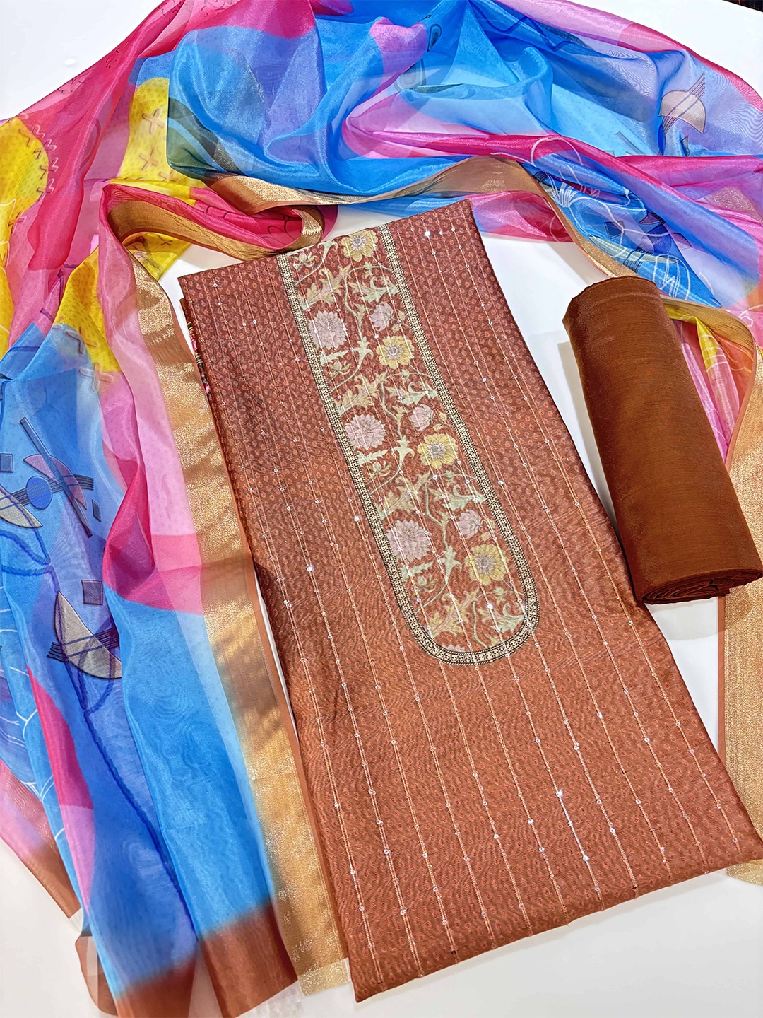 

KALINI Digital Printed Sequined Chanderi Cotton Unstitched Dress Material, Brown