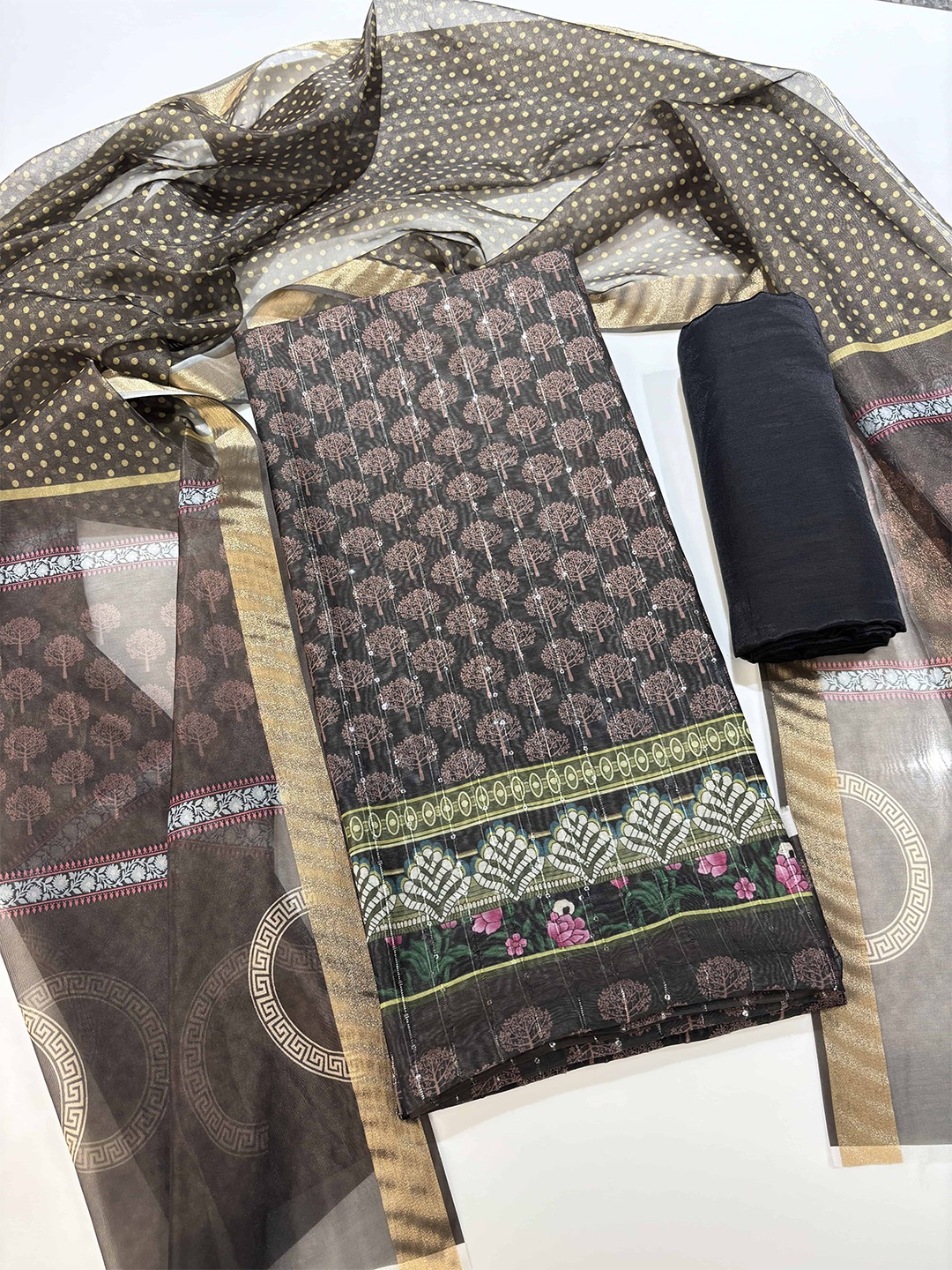

KALINI Ethnic Motifs Digital Printed Sequined Chanderi Cotton Unstitched Dress Material, Black