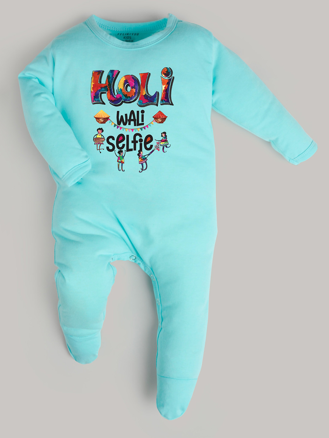 

FFLIRTYGO Infant Printed Holi Special Sleepsuit, Turquoise blue
