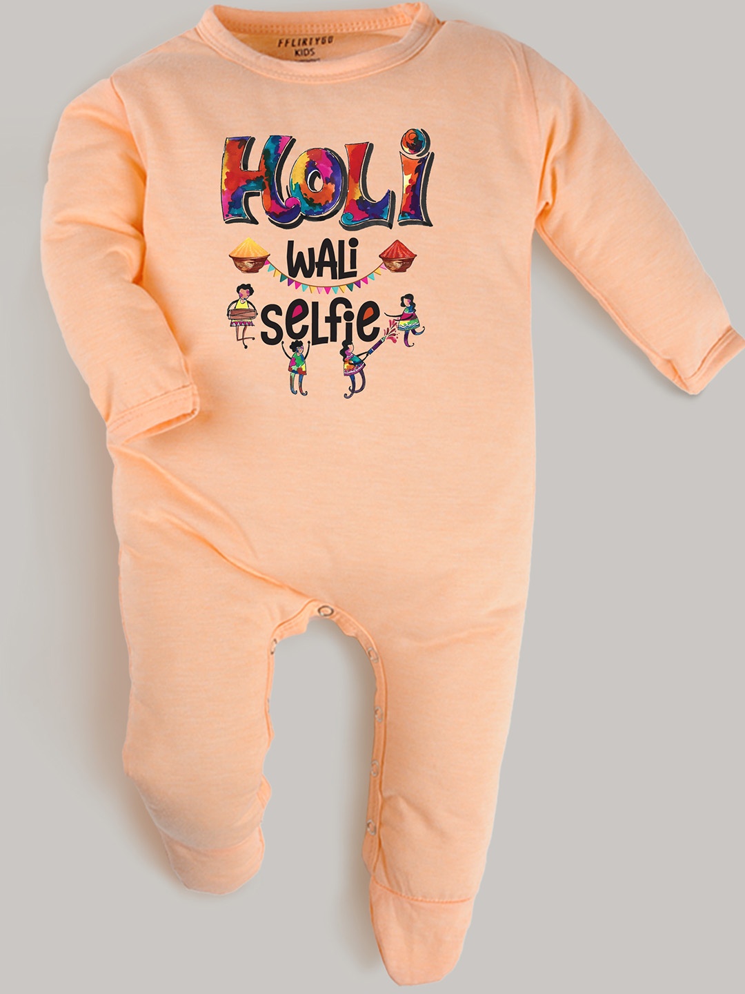 

FFLIRTYGO Infant Printed Holi Special Sleepsuit, Peach