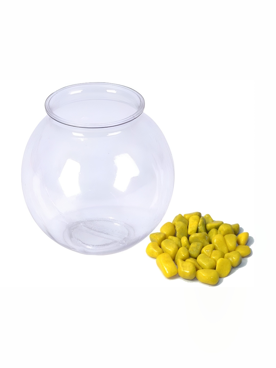 Afast Transparent & Yellow Round Glass Fish Pot Decorative Bowl With Stones