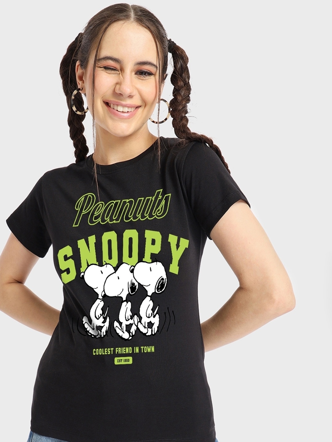 

Bewakoof Black Snoopy Printed Round Neck Short Sleeves Cotton Regular T-shirt