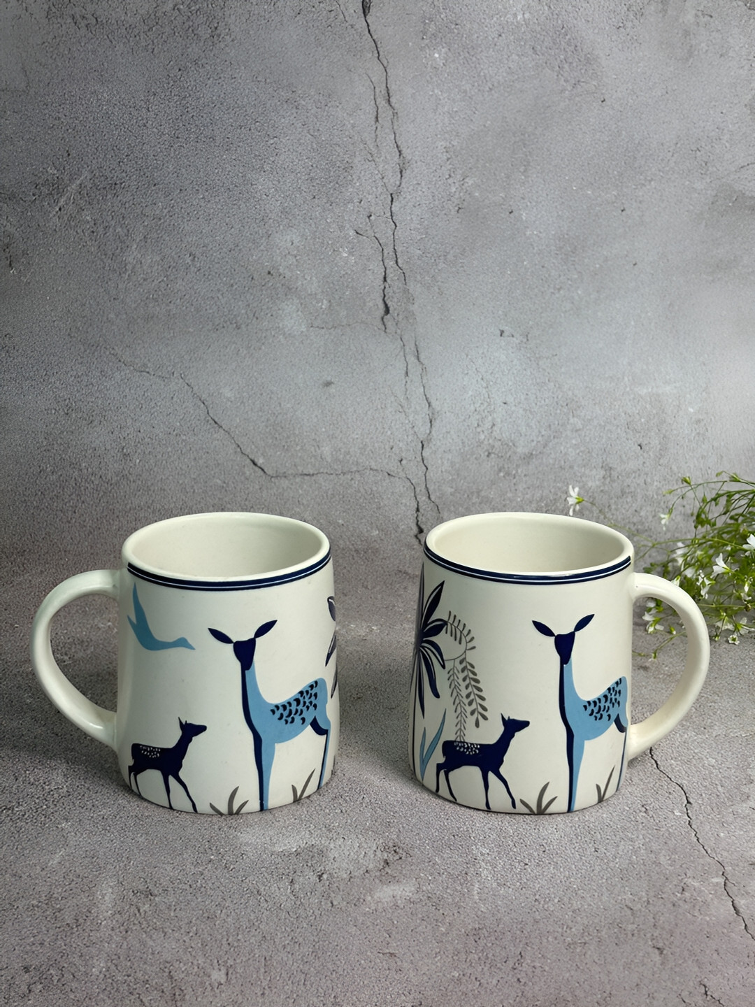 

House of Ceramics White & Blue 2 Pieces Printed Ceramic Glossy Mugs 300 ml