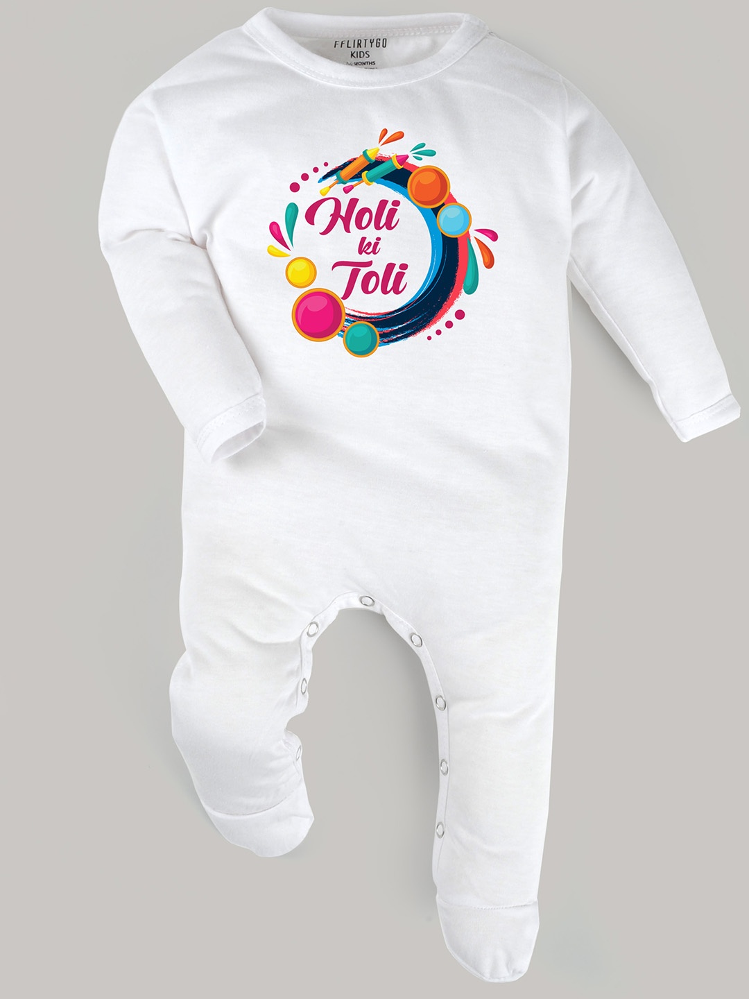 

FFLIRTYGO Infants Holi Special Printed Cotton Sleepsuit, White