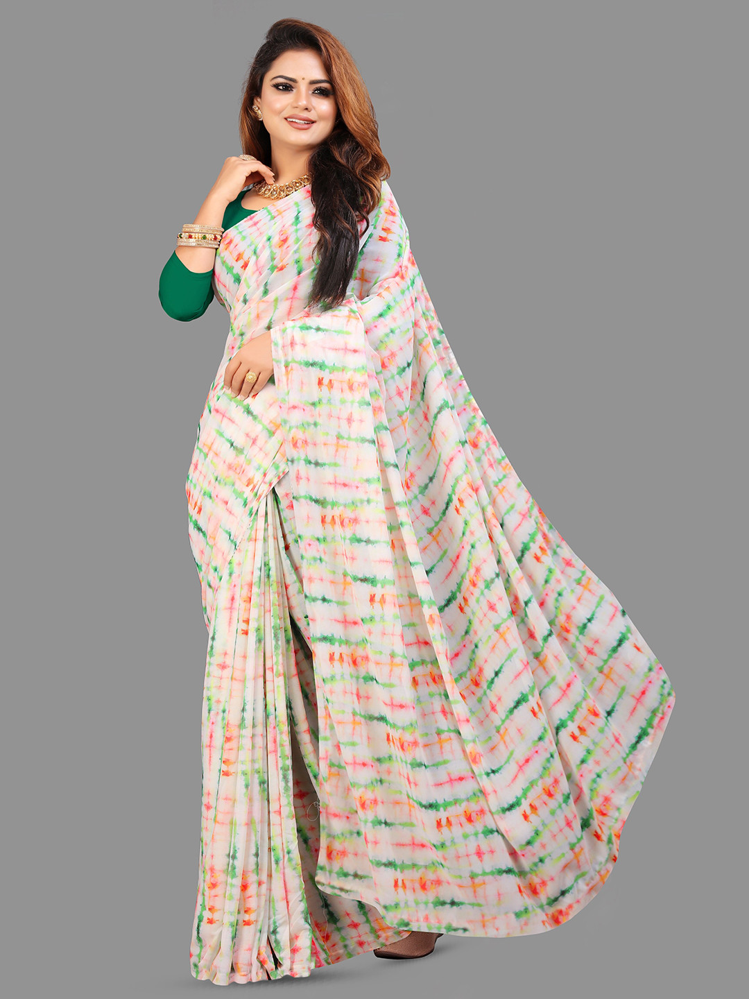 

TIEXA Tie and Dye Printed Pure Georgette Saree, White