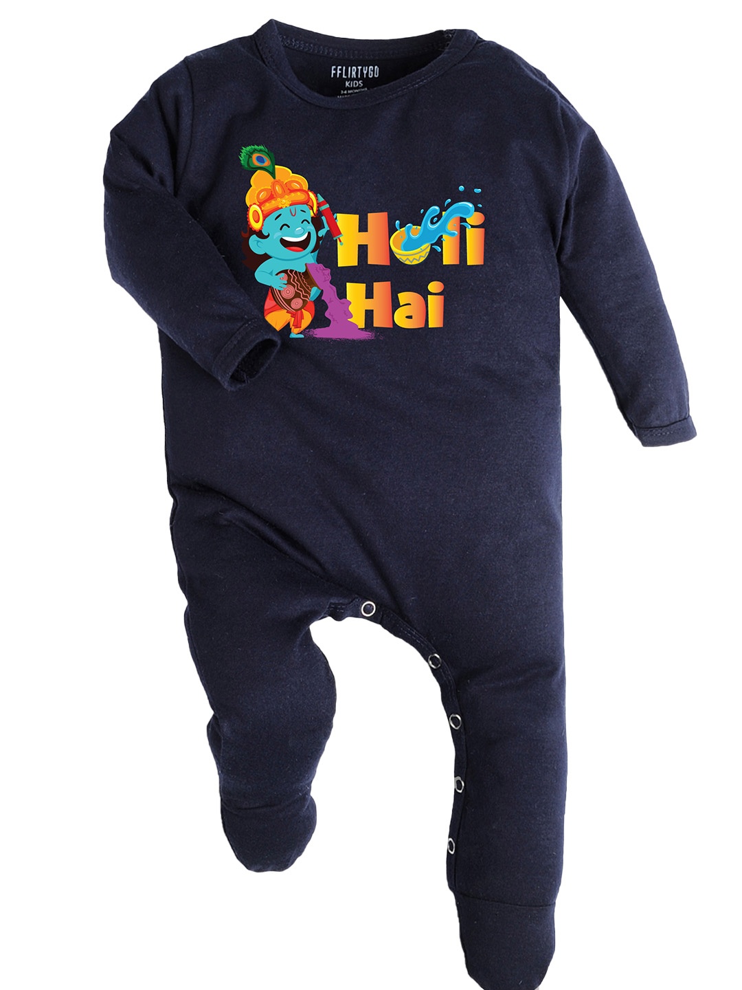 

FflirtyGo Infant Holi Special Printed Pure Cotton Sleepsuit, Navy blue
