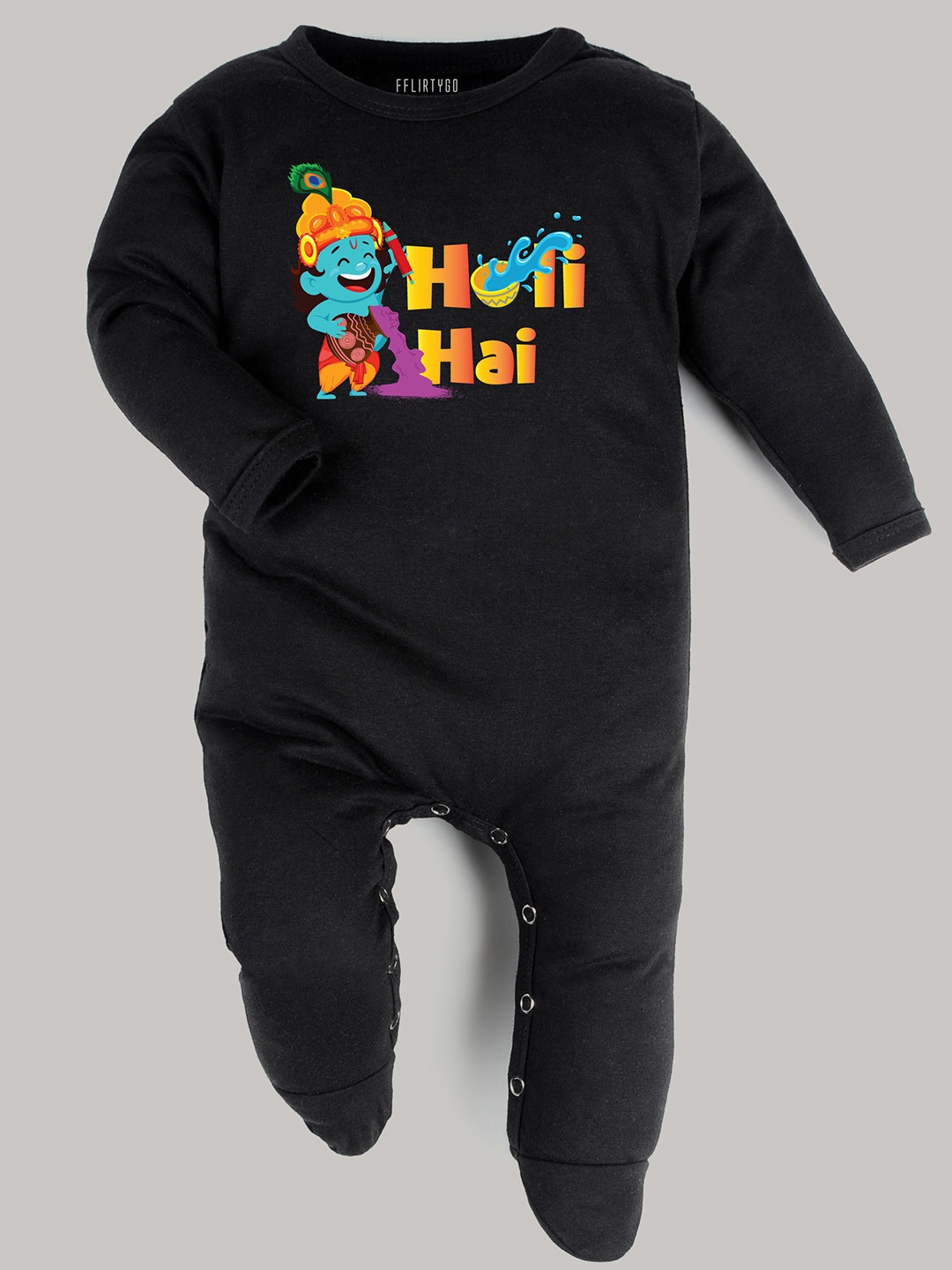 

FFLIRTYGO Infants Holi Special Printed Cotton Sleepsuit, Black