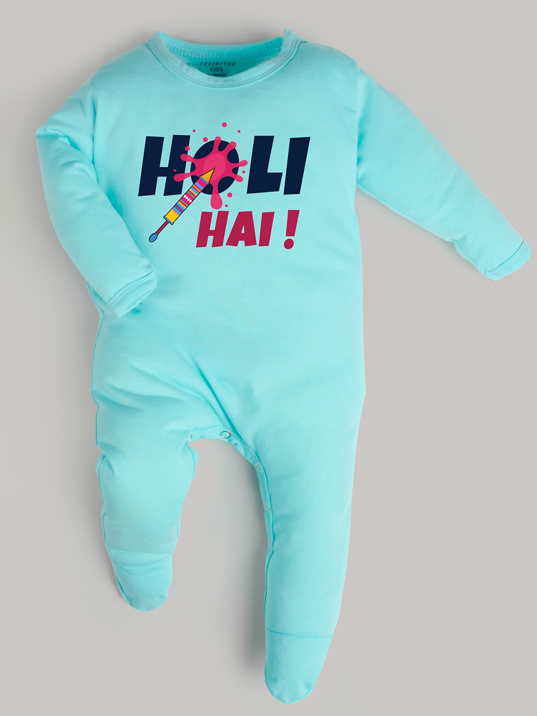

FFLIRTYGO Kids Holi Printed Long Sleeves Cotton Sleepsuit, Turquoise blue
