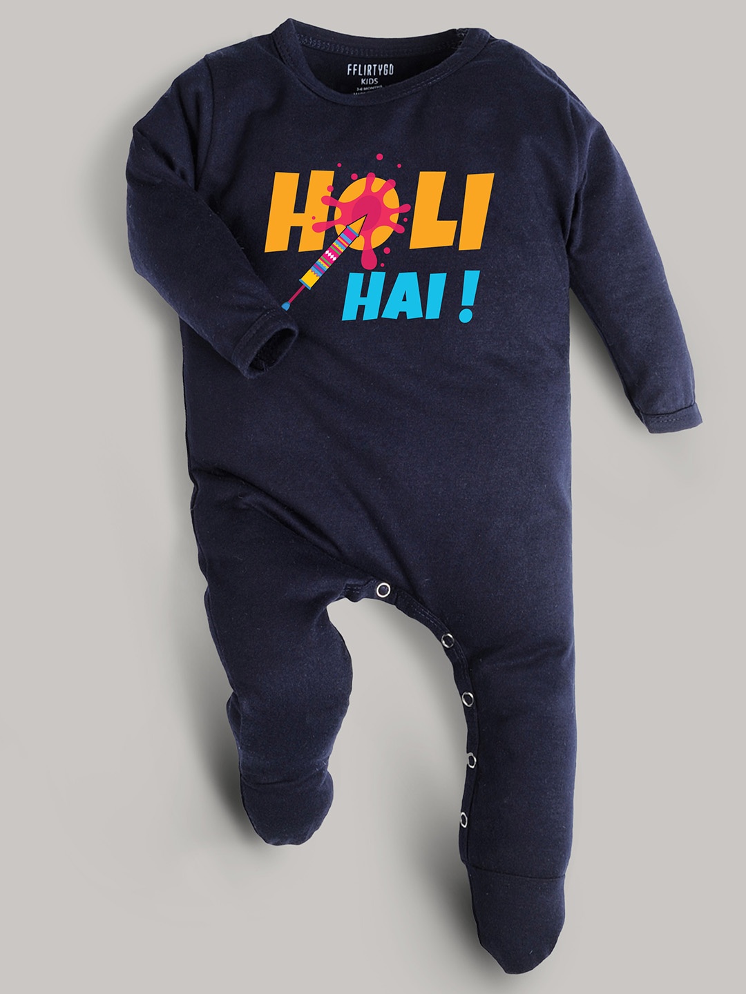 

FFLIRTYGO Kids Holi Printed Long Sleeves Cotton Sleepsuit, Navy blue