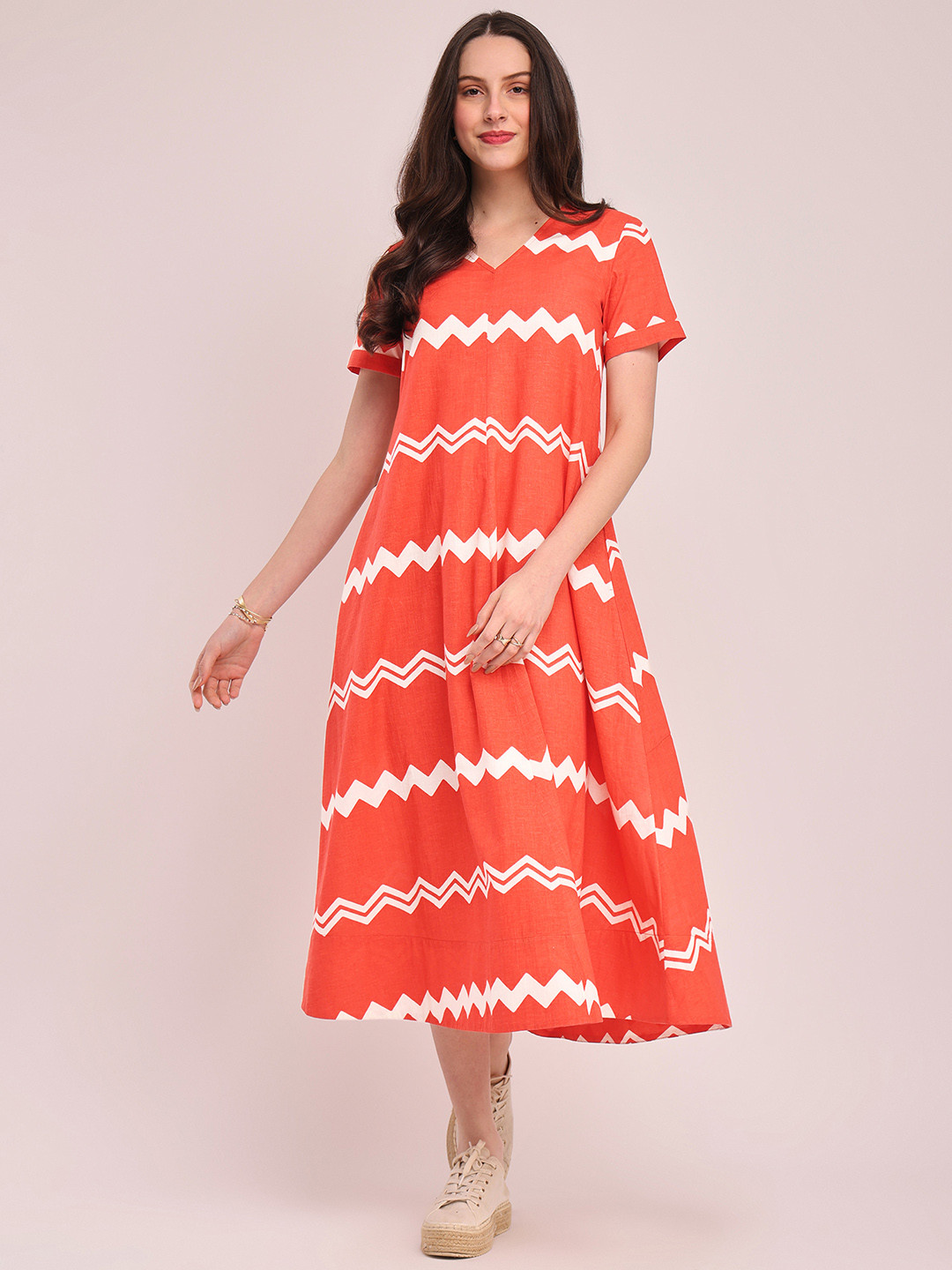 

Pink Fort Chevron Printed V-Neck Cotton A-Line Dress, Peach