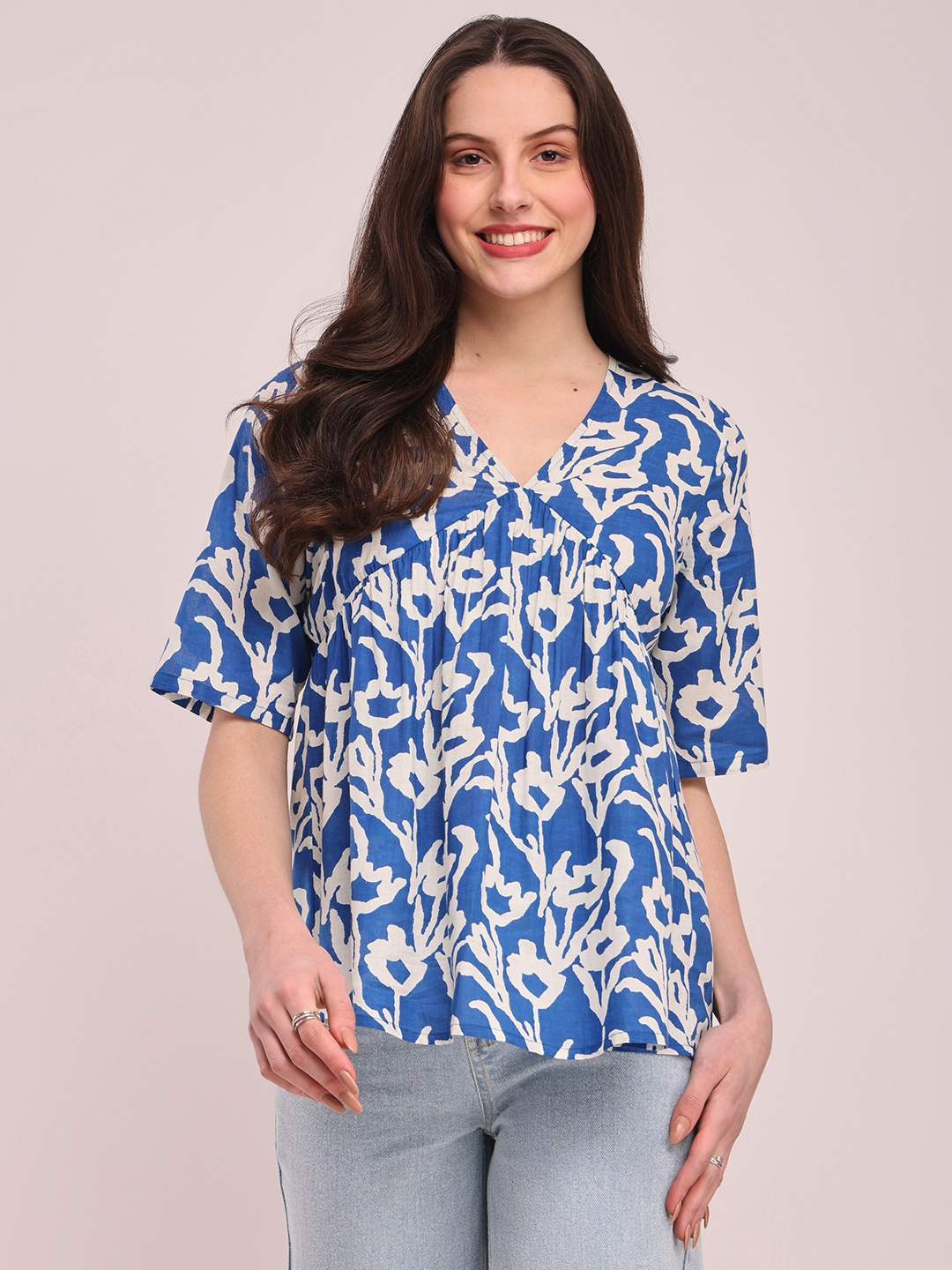 Pink Fort Printed V-Neck Pure Cotton Top, Blue