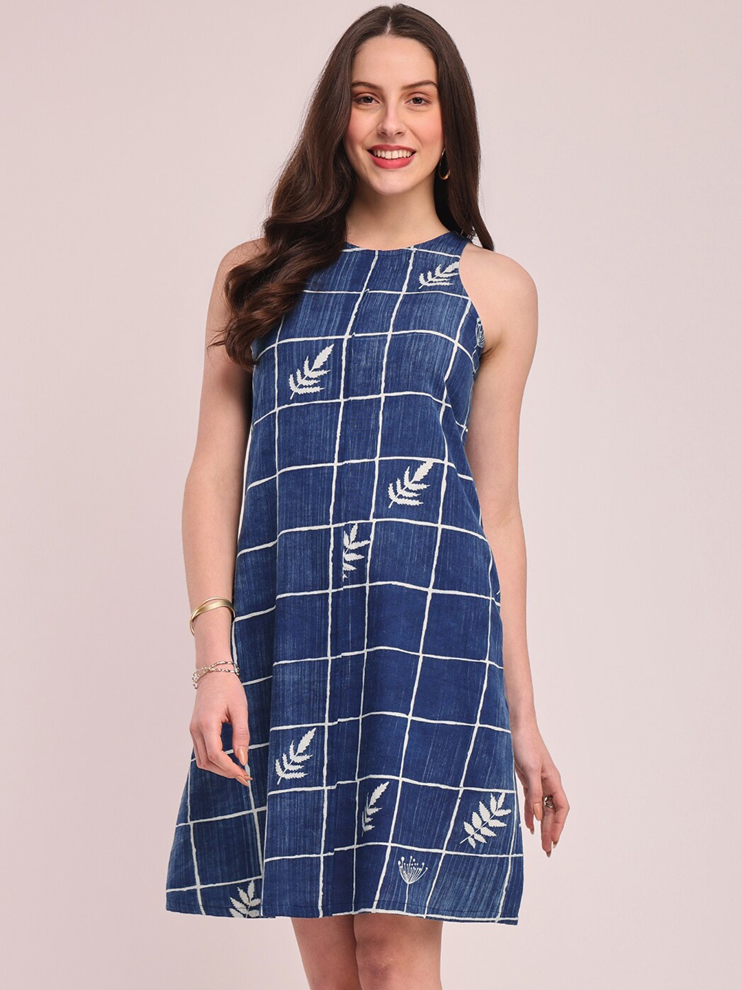 

Pink Fort Checked Sleeveless Cotton Linen A-Line Dress, Blue