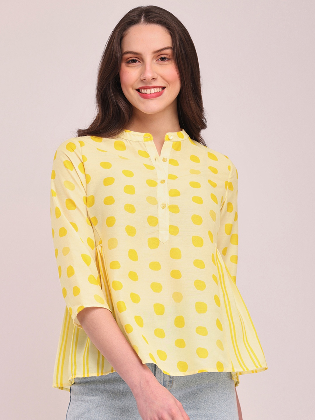 Pink Fort Geometric Printed Mandarin Collar A-Line Top, Yellow