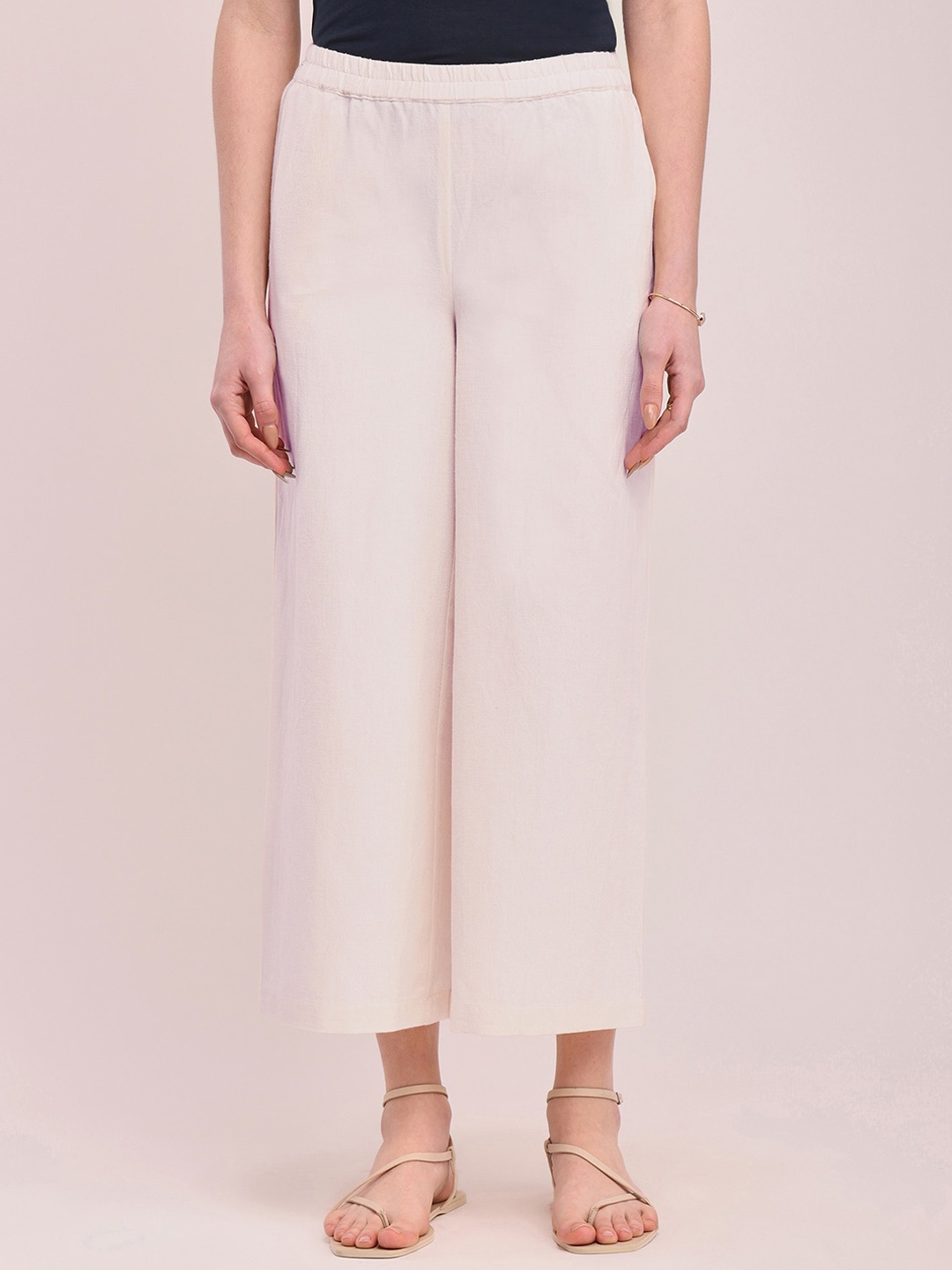 

Pink Fort Women Relaxed Loose Fit Cotton Culottes Trousers, Off white