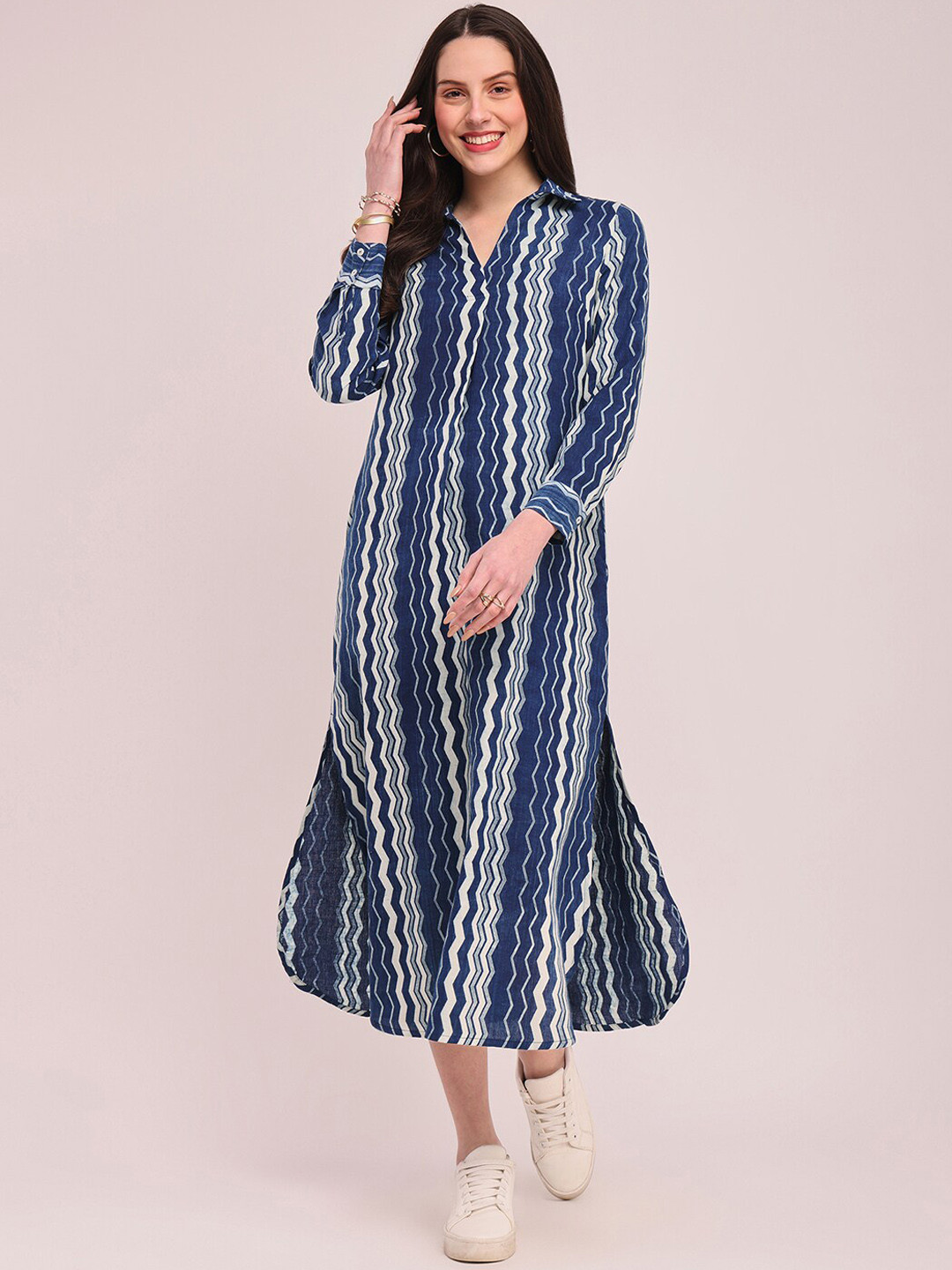 

Pink Fort Chevron Printed Shirt Collar Cotton & Linen Shirt Dress, Blue