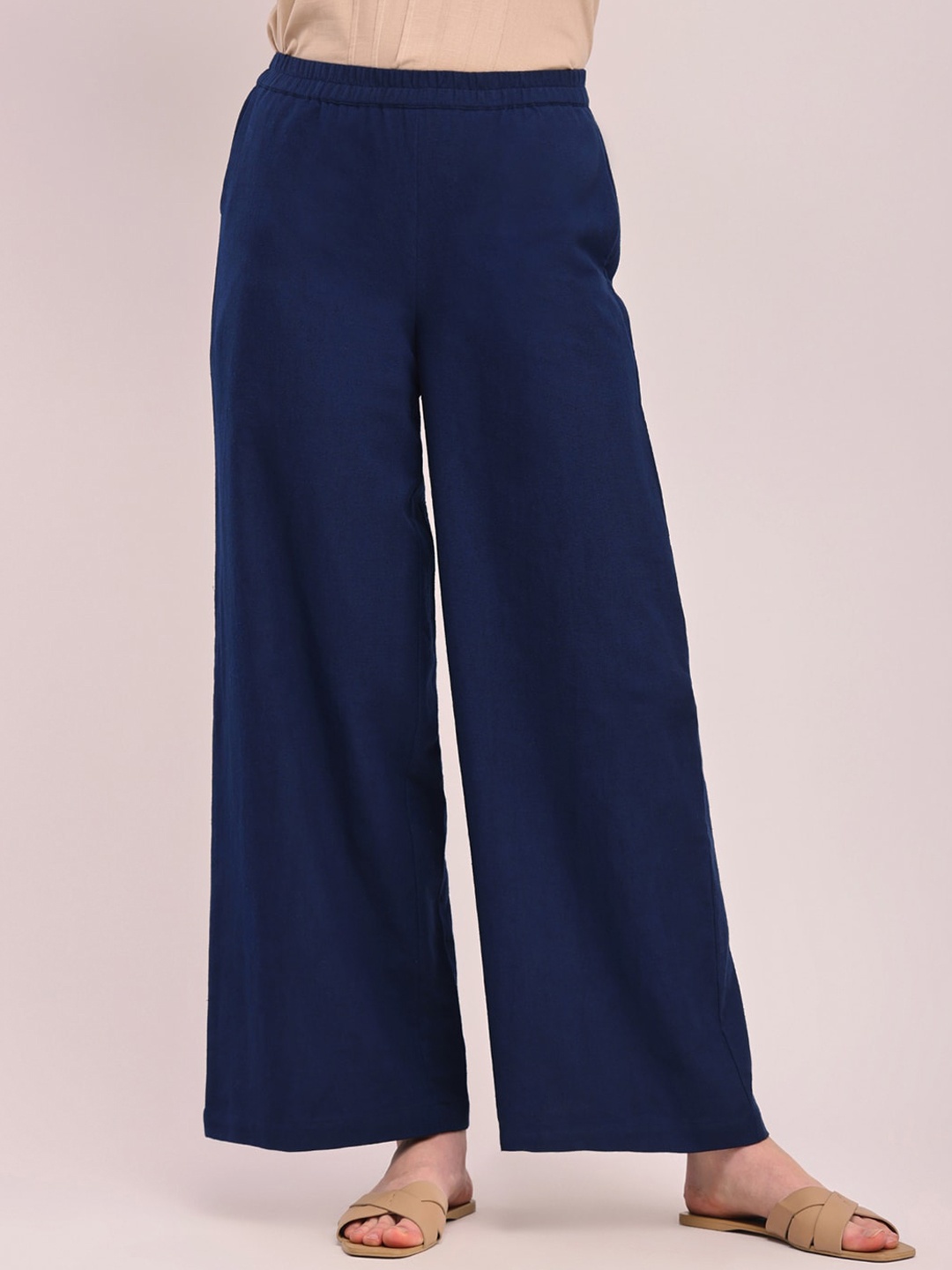 

Pink Fort Women Relaxed Loose Fit Cotton Parallel Trousers, Navy blue