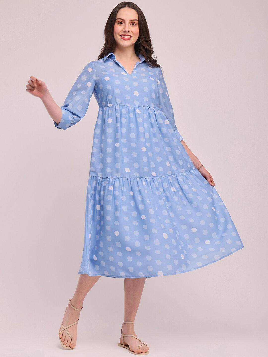 

Pink Fort Polka Dot Print A-Line Cotton Midi Dress, Blue