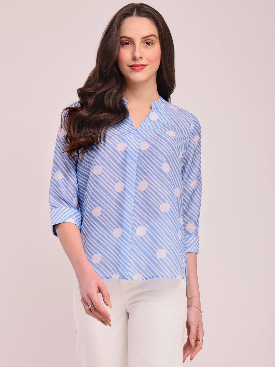 

Pink Fort Striped Mandarin Collar Top, Blue