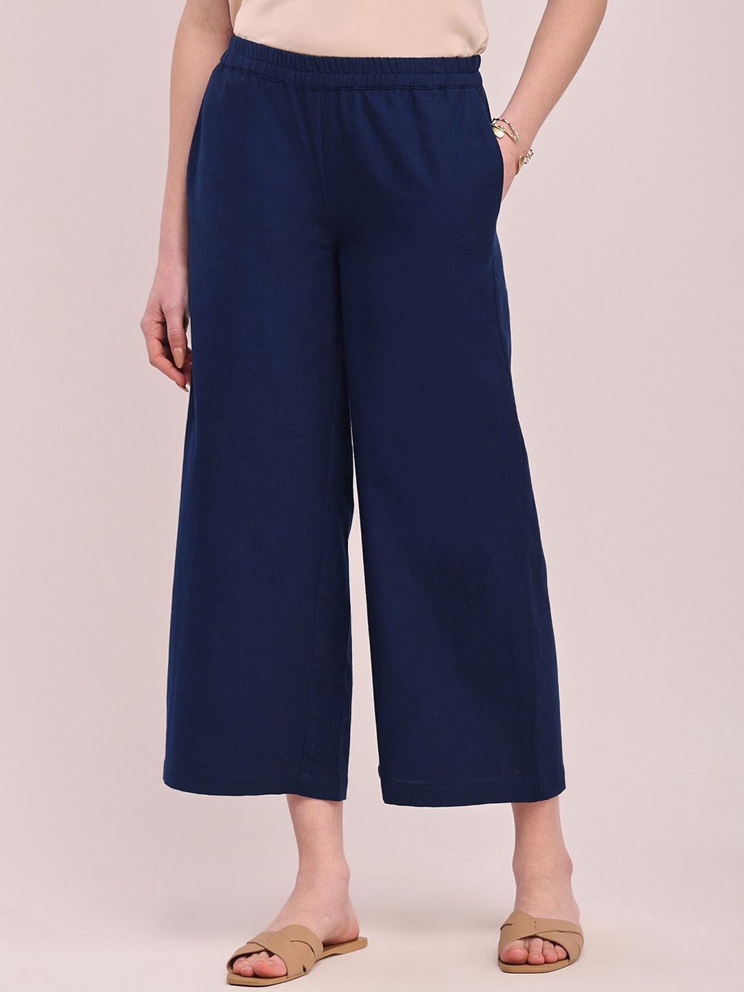 

Pink Fort Women Relaxed Loose Fit Cropped Culottes Trousers, Navy blue