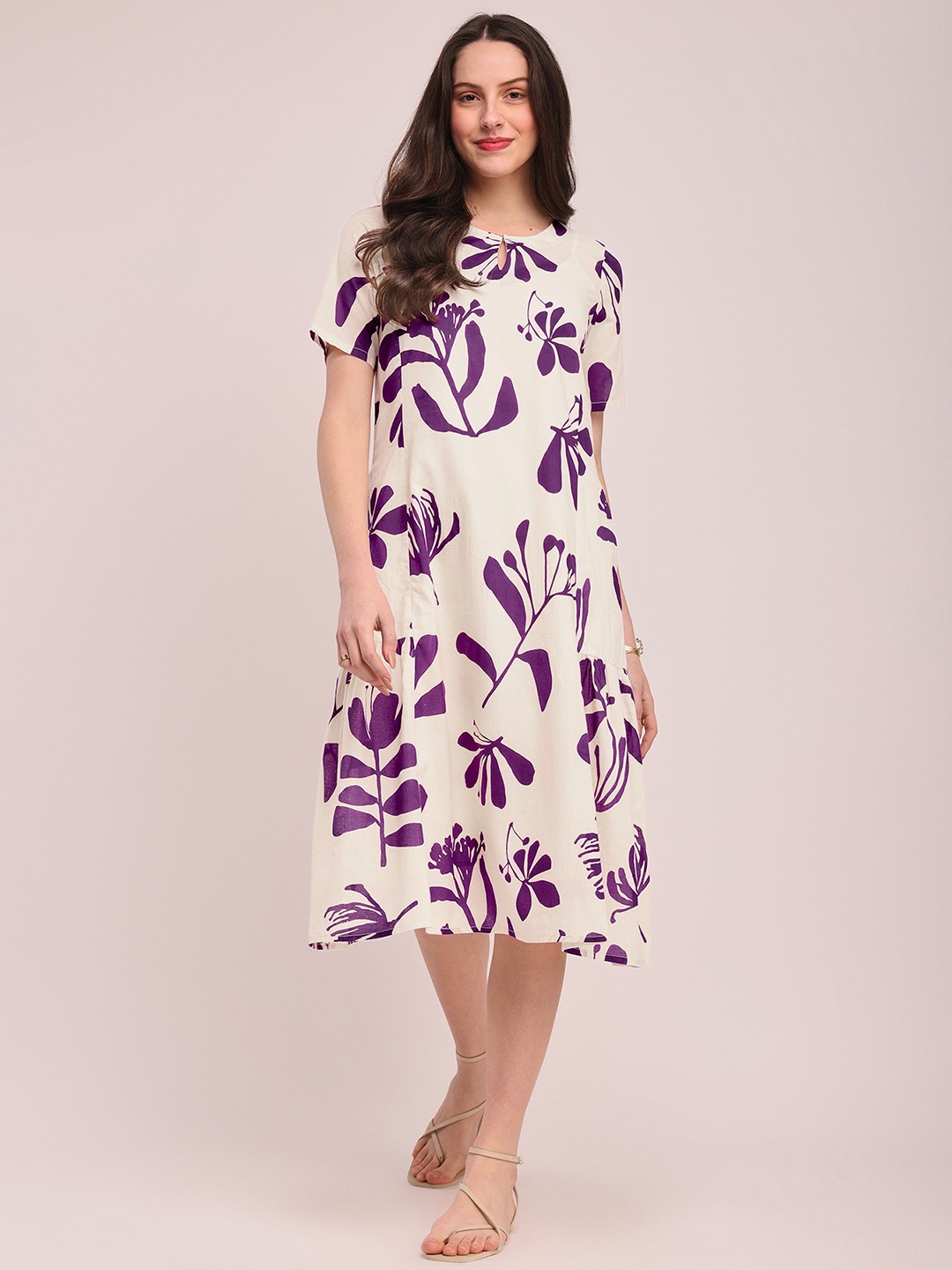 

Pink Fort Floral Printed Keyhole Neck A-Line Cotton Dress, Off white