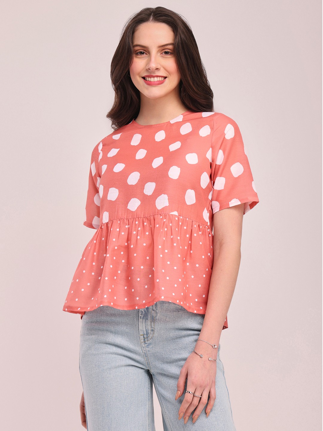 

Pink Fort Polka Dot Printed Peplum Top, Peach