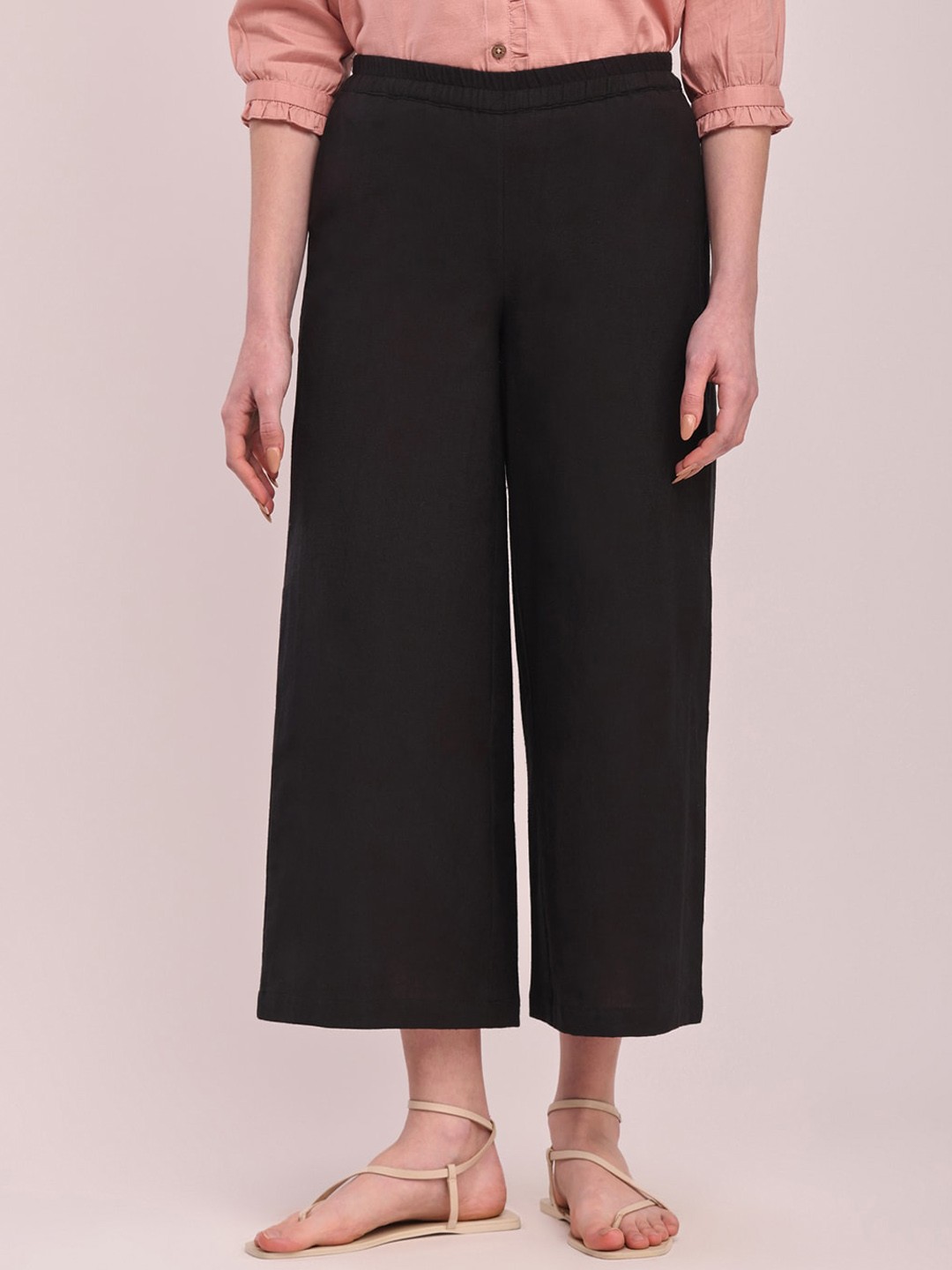 

Pink Fort Women Relaxed Loose Fit Cotton Culottes Trousers, Black