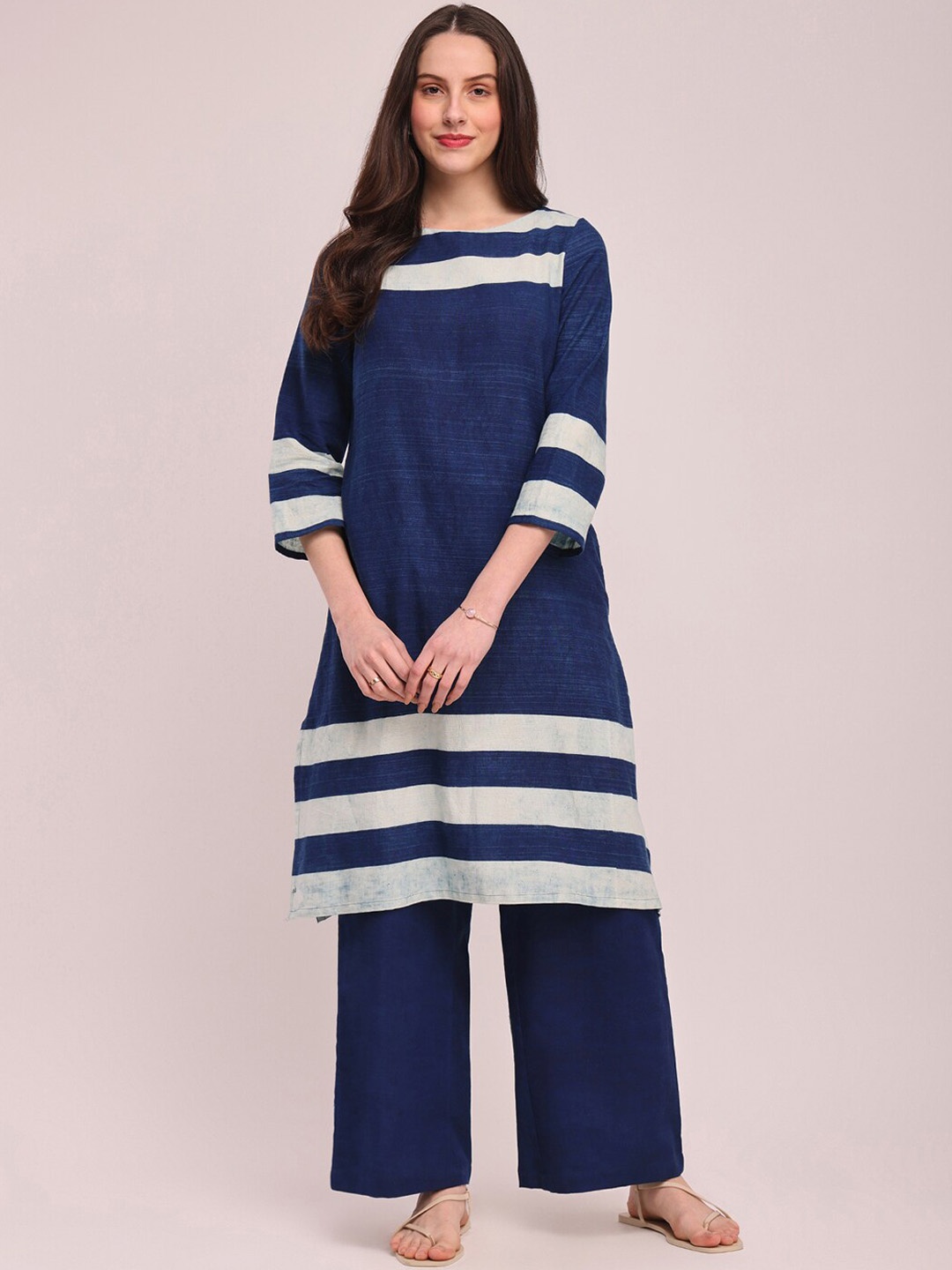 

Pink Fort Striped Pure Cotton Kurta With Trouser, Blue