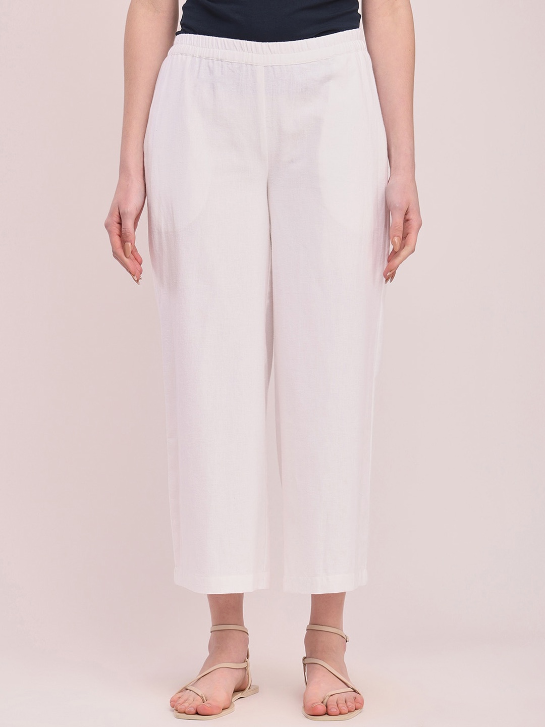 

Pink Fort Women Relaxed Loose Fit Cotton Culottes Trousers, White