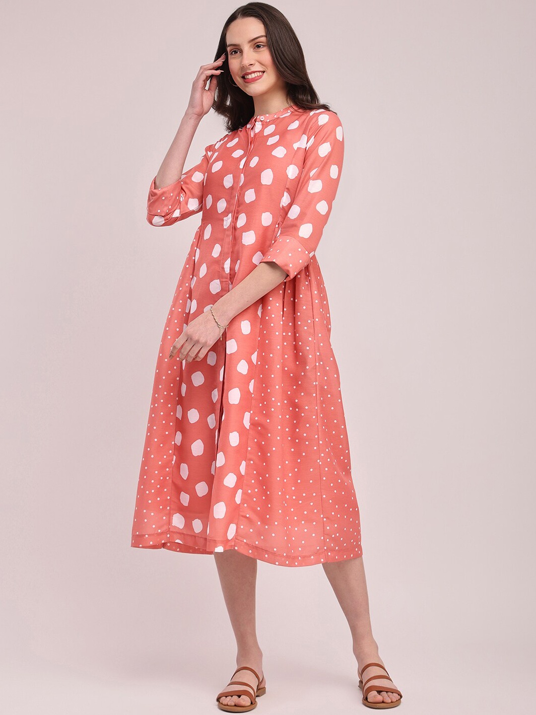 

Pink Fort Polka Printed Band Collar Pleated A-Line Dress, Peach