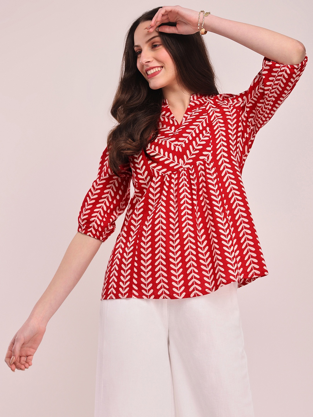 

Pink Fort Floral Printed Mandarin Collar Puff Sleeves Pure Cotton Top, Red
