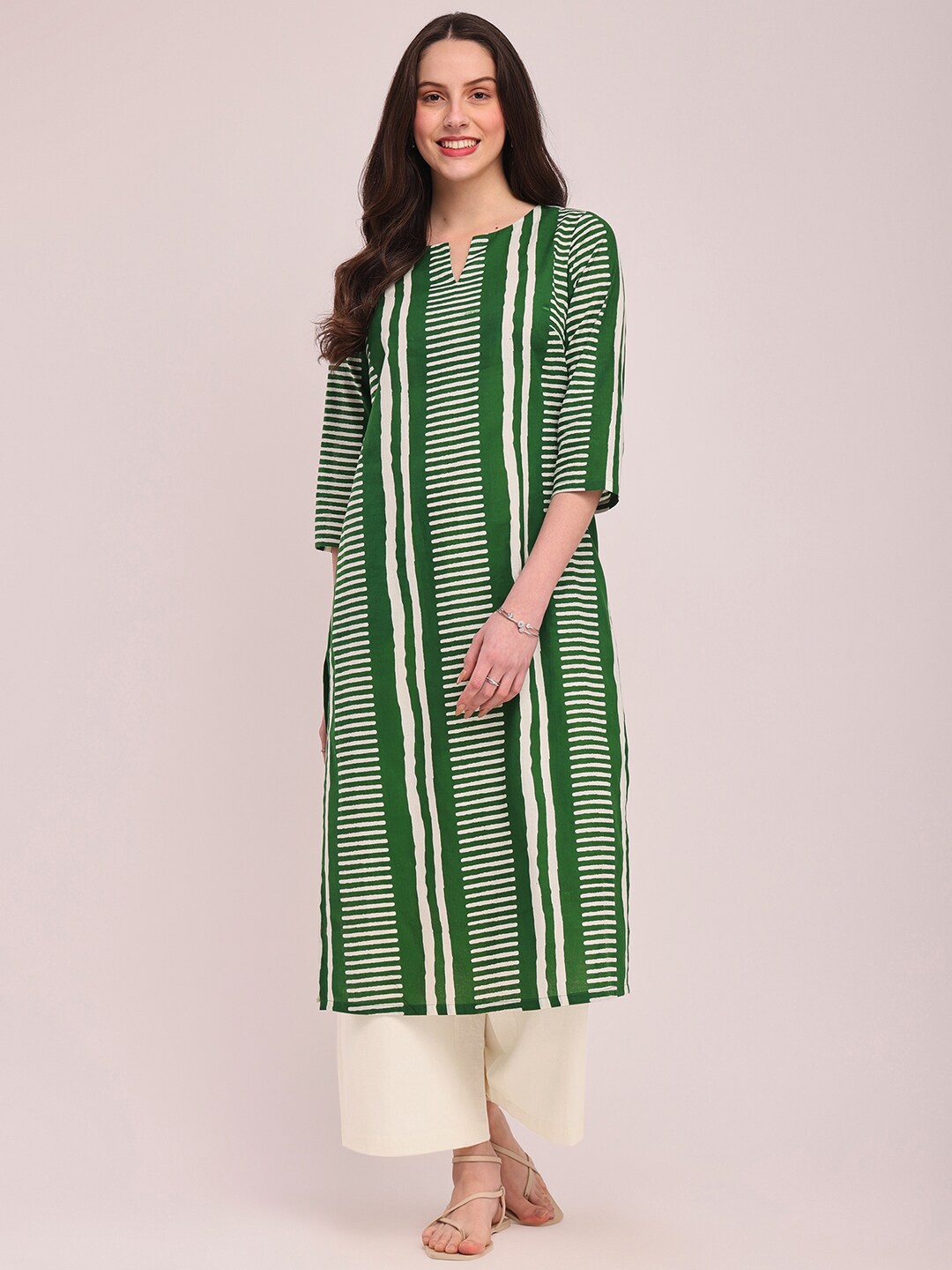 

Pink Fort Striped Straight Pure Cotton Kurta, Green