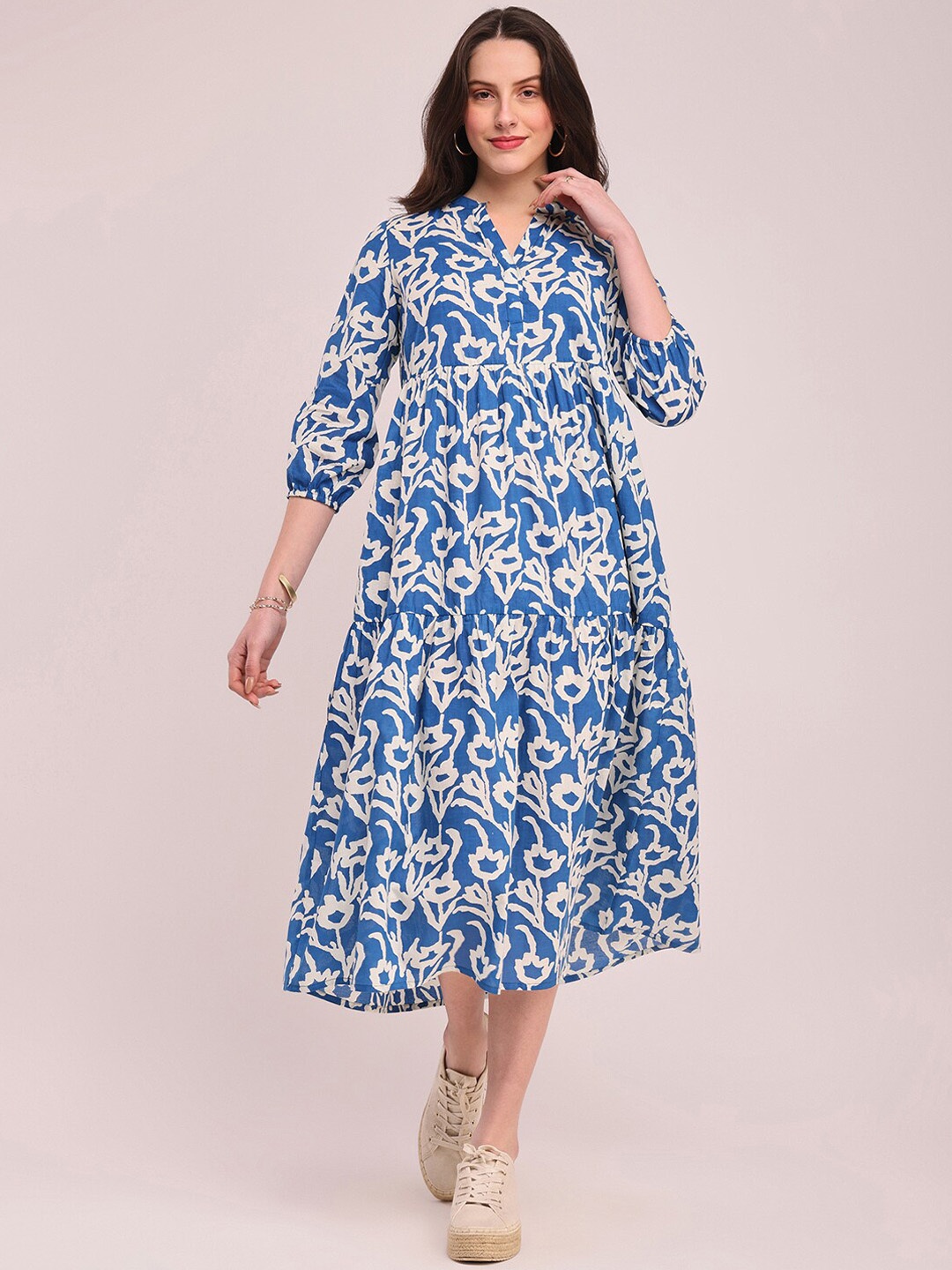 

Pink Fort Floral Printed Cotton Tiered A-line Dress, Blue