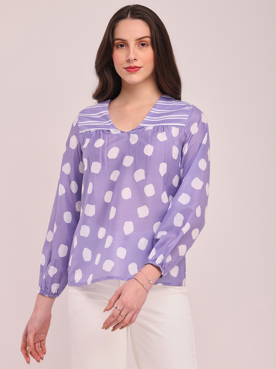 

Pink Fort Polka Dot Printed V-Neck Top, Lavender