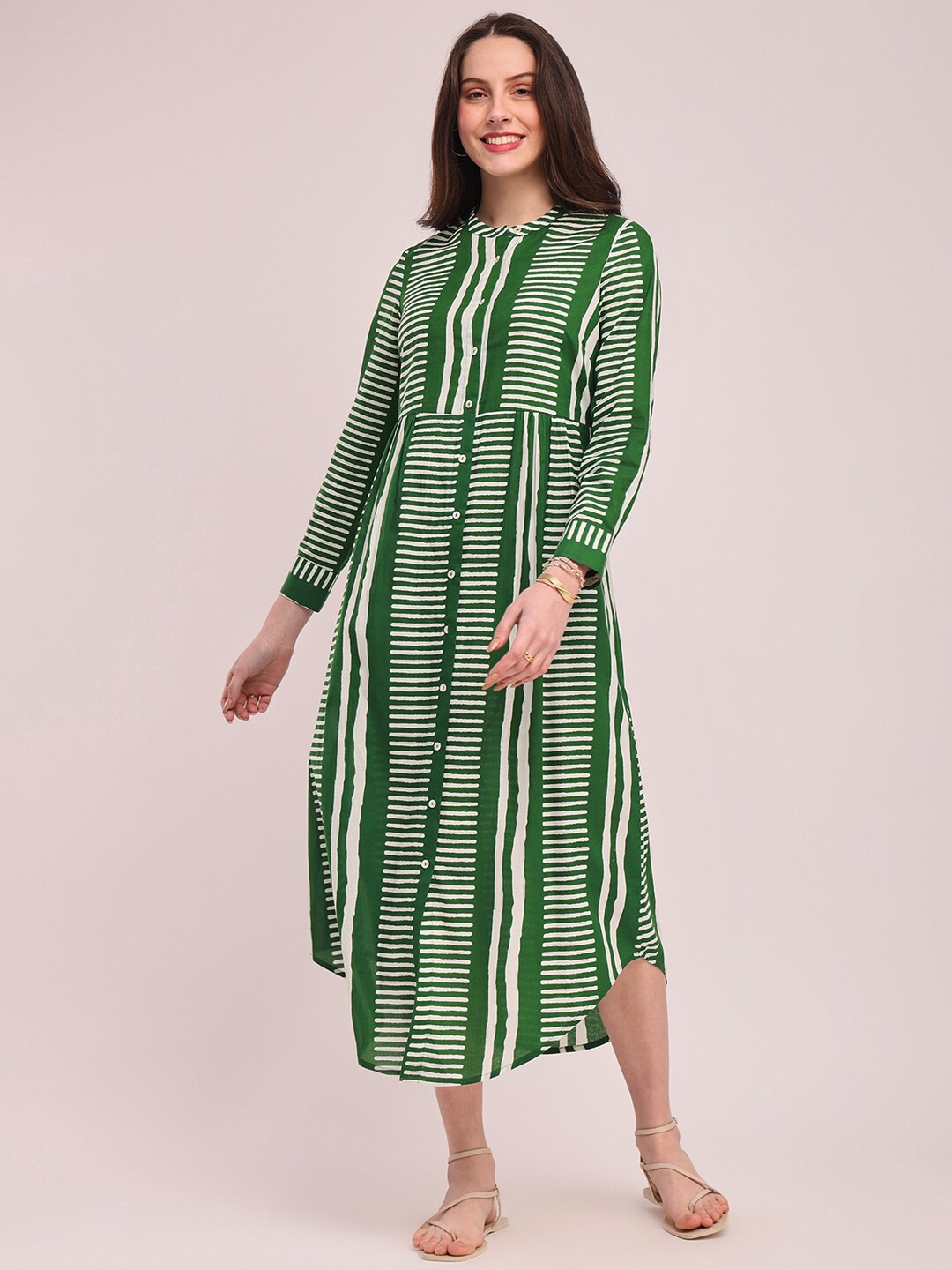 

Pink Fort Striped Band Collar Cotton A-Line Midi Dress, Green