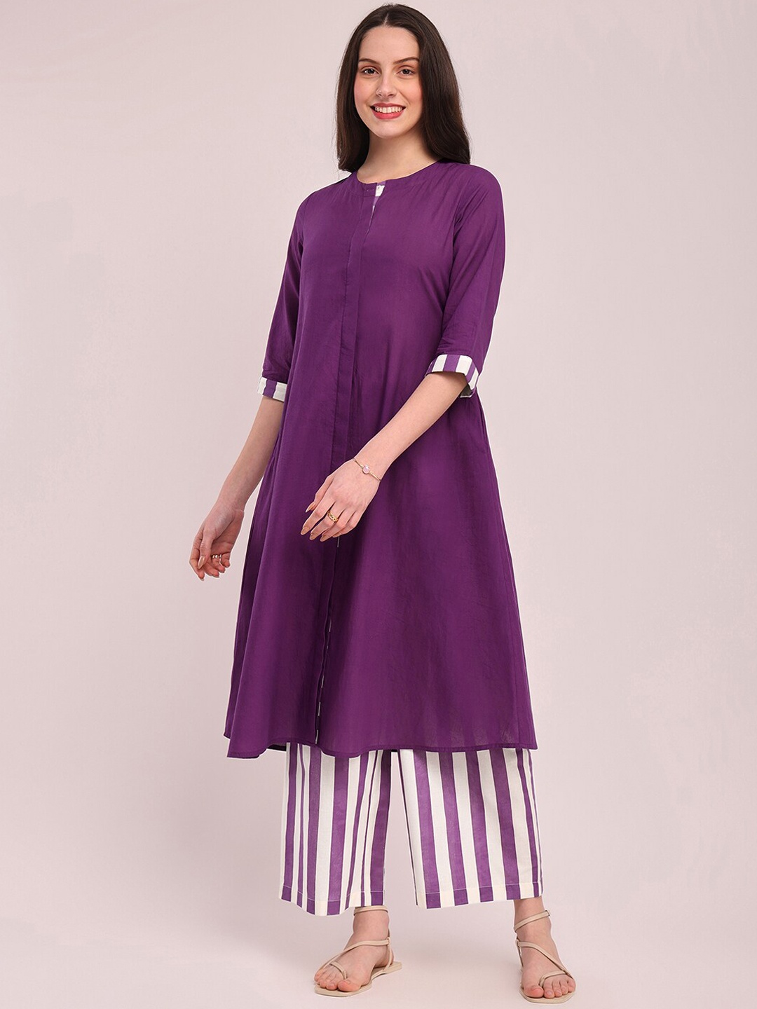 

Pink Fort Striped Printed Pure Cotton A-Line Straight Kurta With Palazzo, Purple