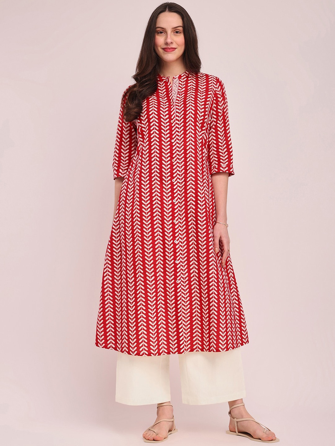 

Pink Fort Striped A-Line Pure Cotton Kurta, Red