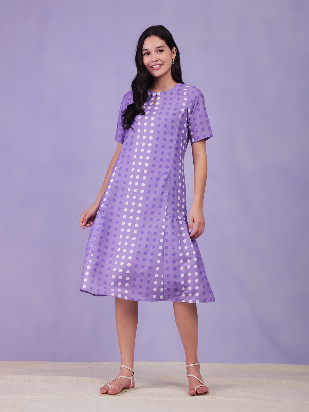 

Pink Fort Polka Dots Printed Gathered Detail Keyhole Neck A-Line Midi Dress, Lavender