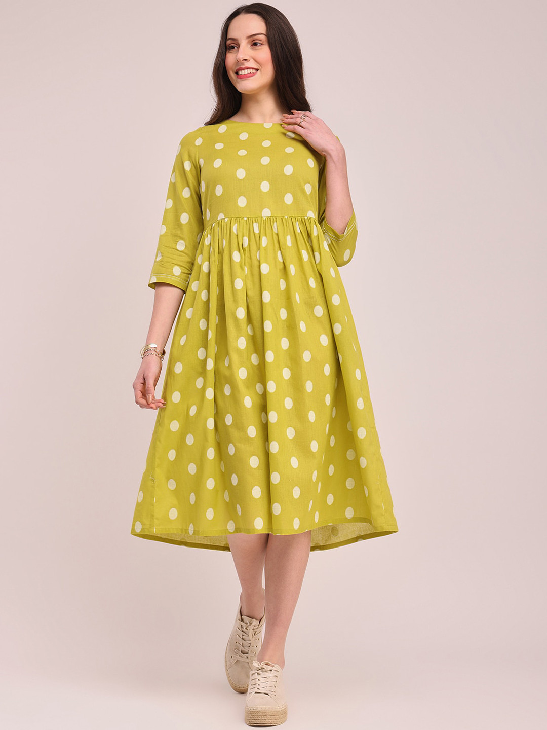 

Pink Fort Printed Cotton Pleated Fit & Flare Dress, Lime green