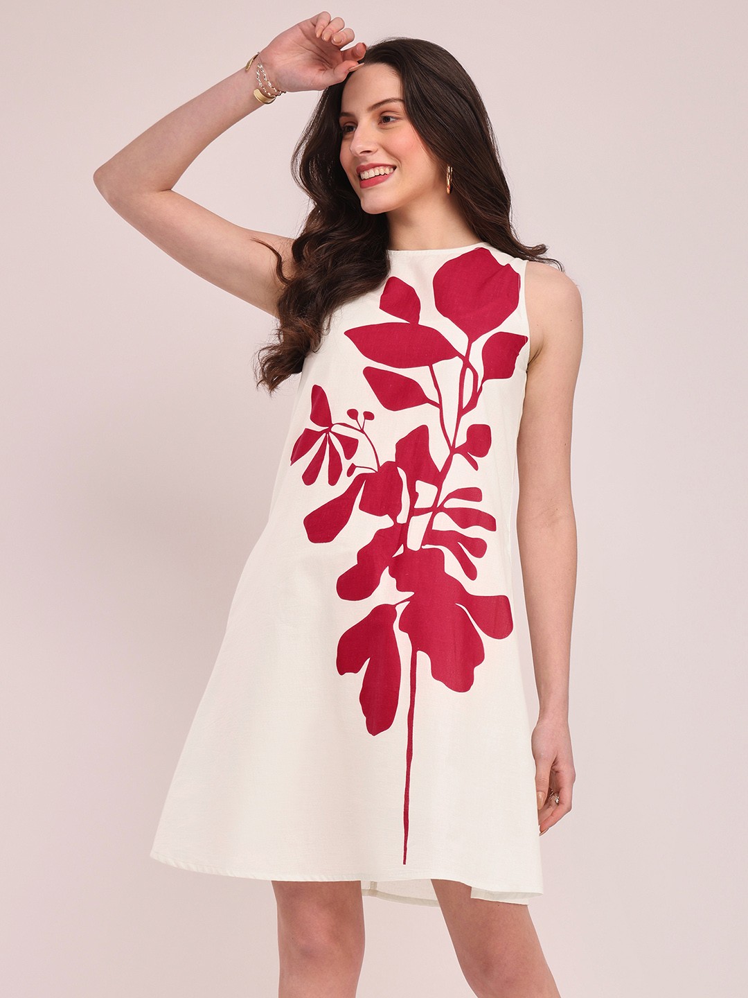 

Pink Fort Floral Printed Sleeveless Cotton A-Line Dress, White