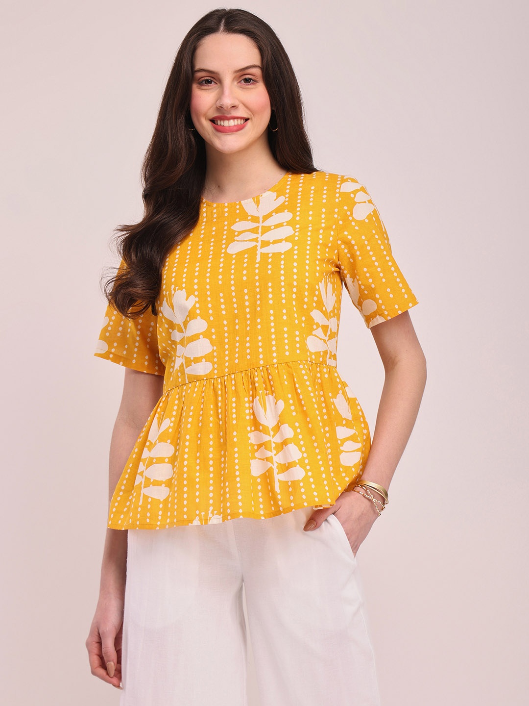 

Pink Fort Floral Printed Pure Cotton Top, Yellow