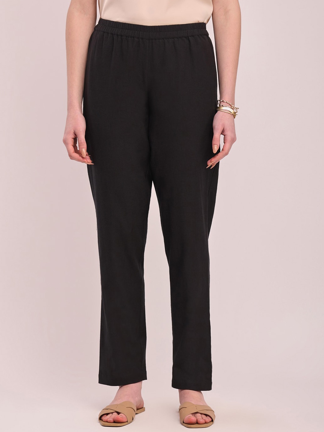 

Pink Fort Women Relaxed Tapered Fit Cotton Trousers, Black