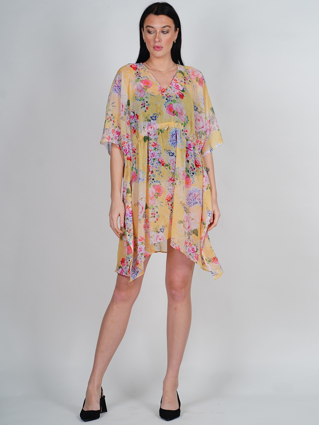 

Rajoria Instyle Floral Printed Extended Sleeves Georgette Kaftan Dress, Yellow