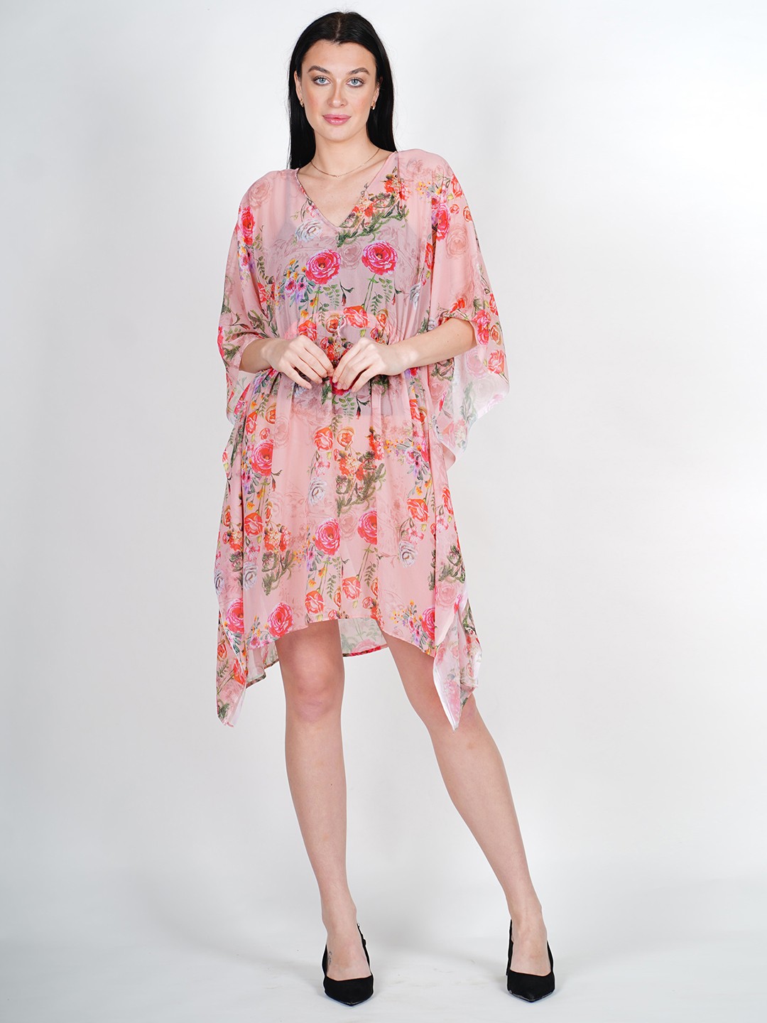 

Rajoria Instyle Floral Printed Kimono Sleeves Georgette Kaftan Swimwear Cover Up Dress, Pink
