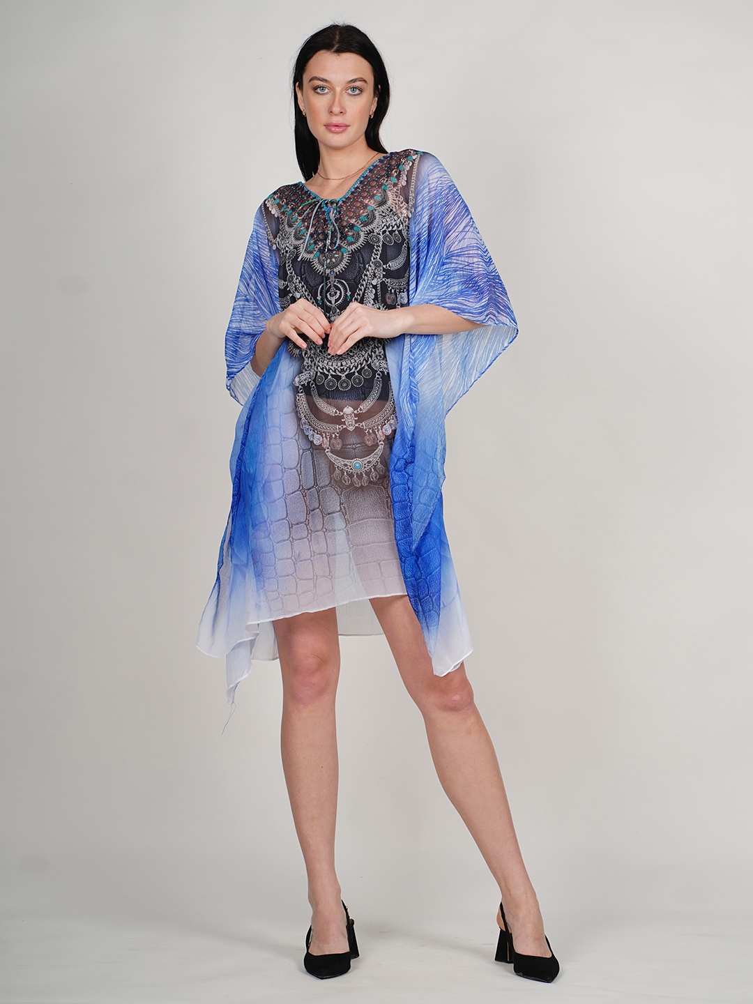 

Rajoria Instyle Ethnic Motifs Printed V-Neck Semi Sheer Georgette Kaftan Dress, Blue