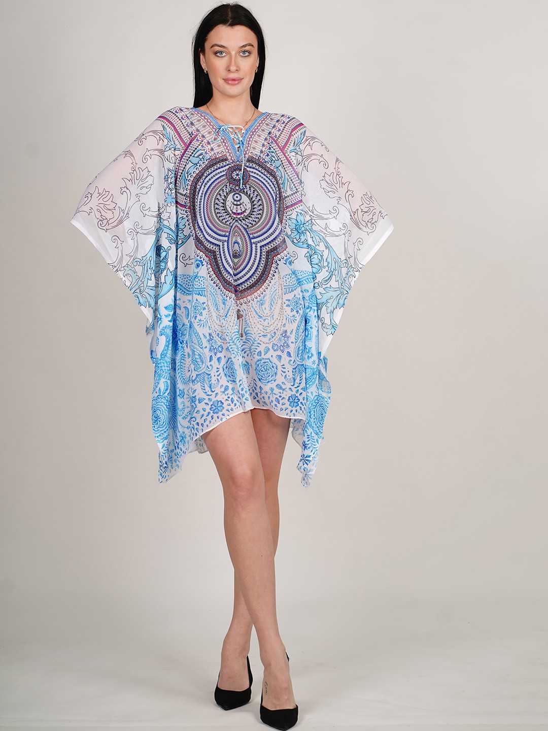 

Rajoria Instyle Ethnic Motifs Printed Extended Sleeves Georgette Kaftan Dress, Blue