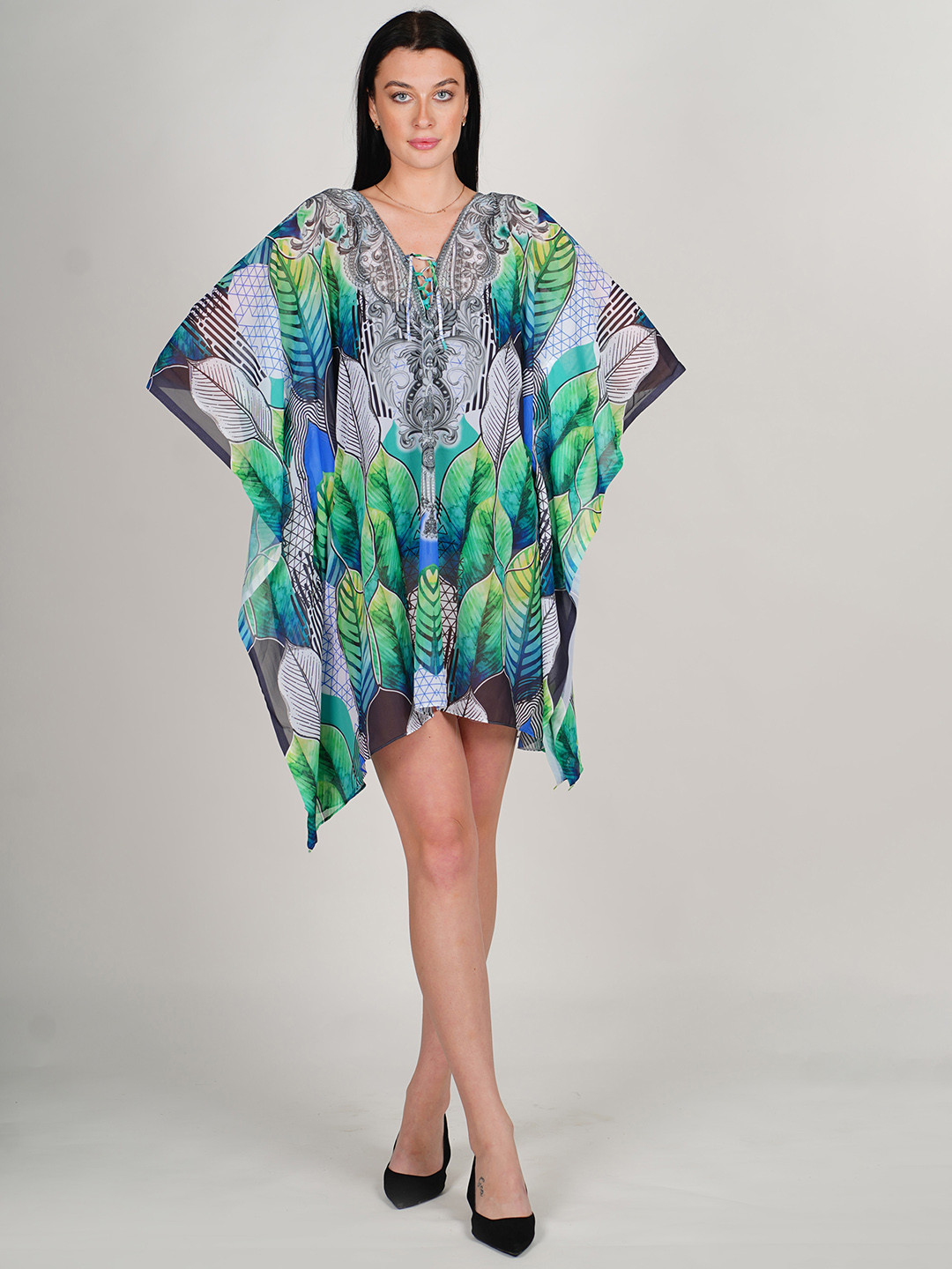 

Rajoria Instyle Tribal Printed Tie Up Neck Semi Sheer Georgette Kaftan Dress, Green
