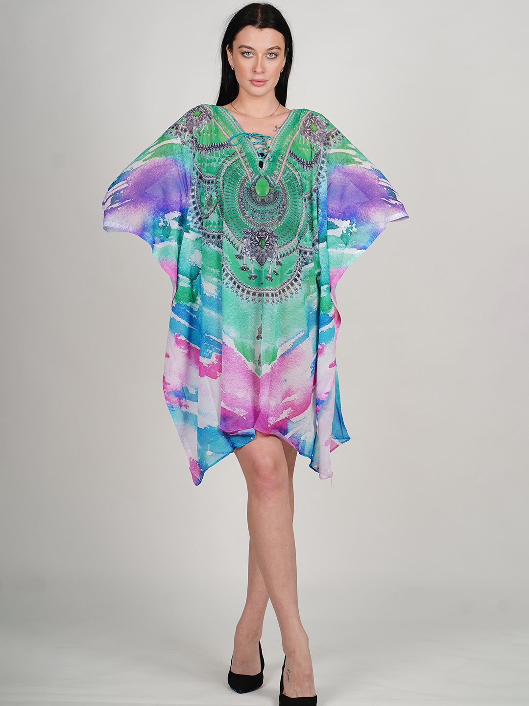 

Rajoria Instyle Abstract Printed Extended Sleeves Georgette Kaftan Dress, Green