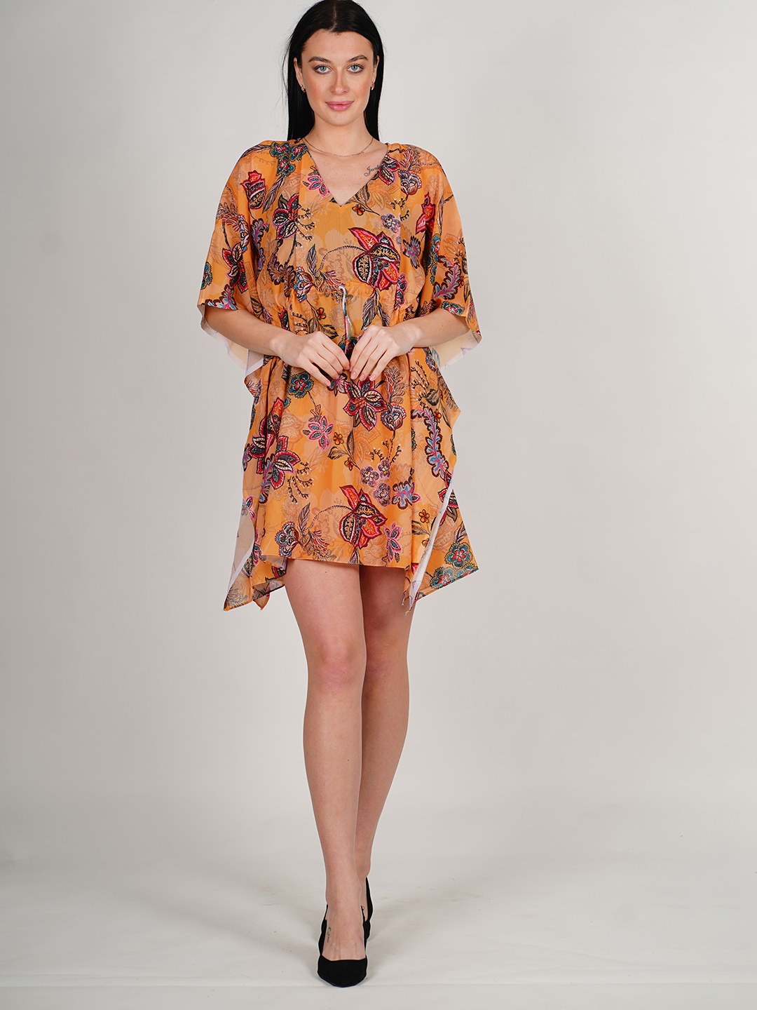 

Rajoria Instyle Floral Printed Extended Sleeves Semi Sheer Georgette Kaftan Dress, Brown